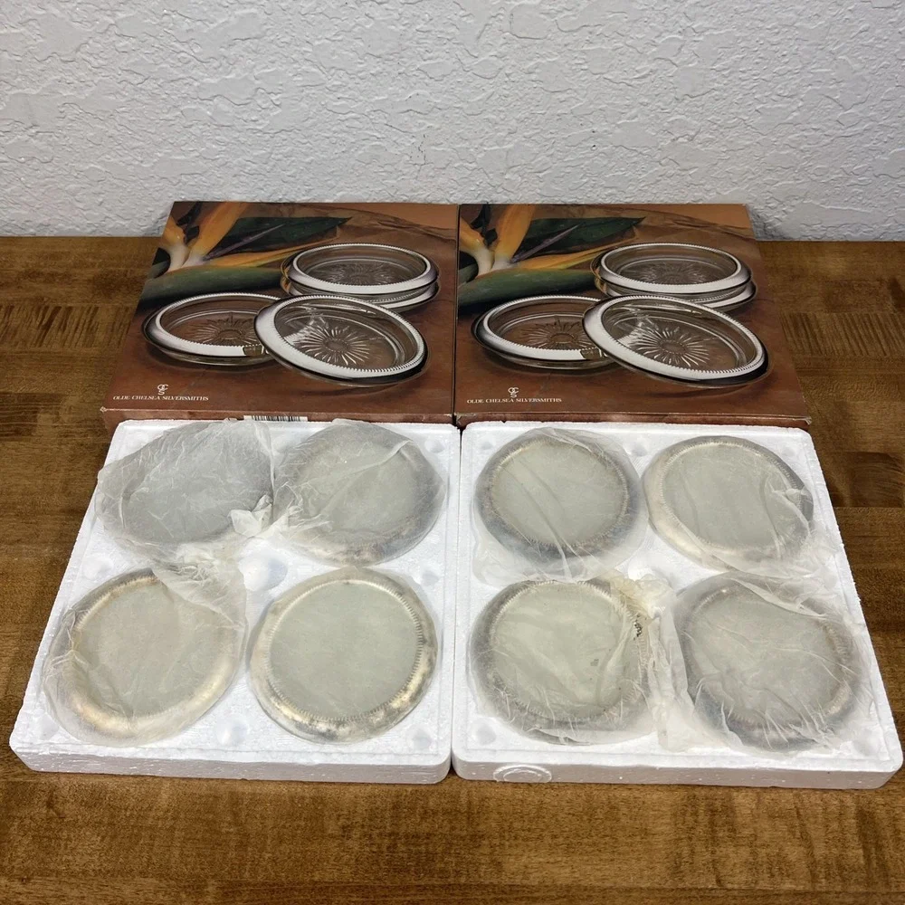 Olde Chelsea Silversmiths Silver plated Glass Coasters Set Of 8 Open Box - Read!